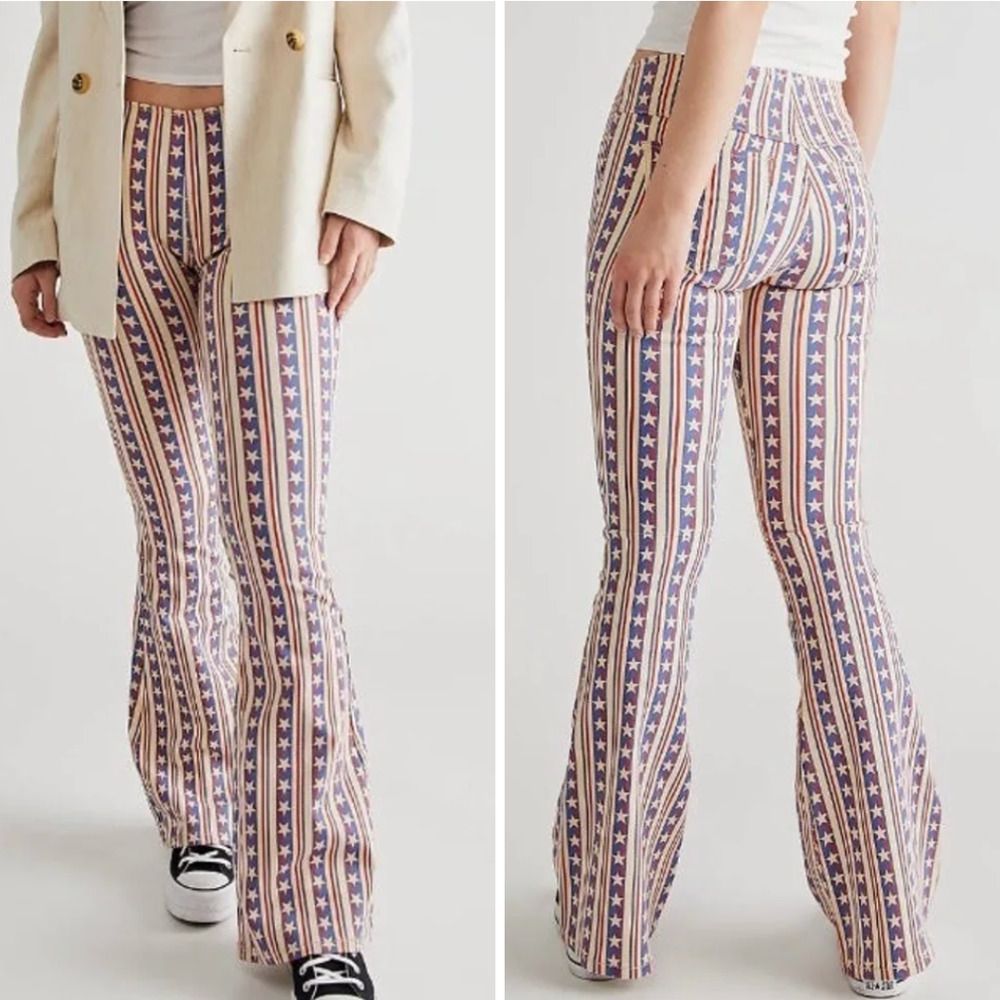 Free People Striped Star Flare Pants in Blue, Cream, and Tan